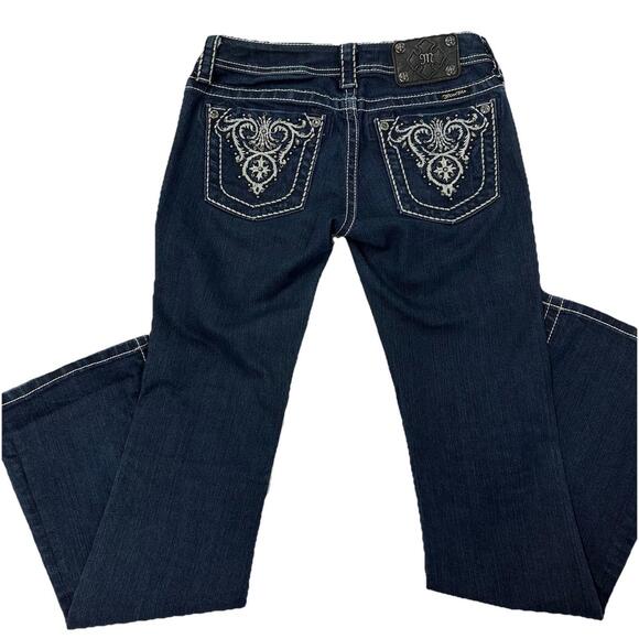 Western Y2K Miss Me Low Rise Jeans Dark Blue Wash Embellished Bootcut Denim - Picture 1 of 9